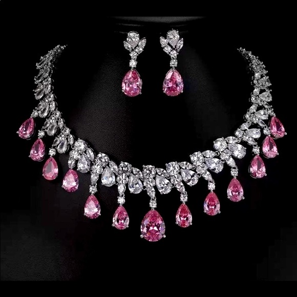 AAA CZ & Frosted Pink Tourmaline Bridal jewelry set
